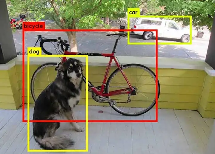 Example of object detection with bounding boxes for dog and ball